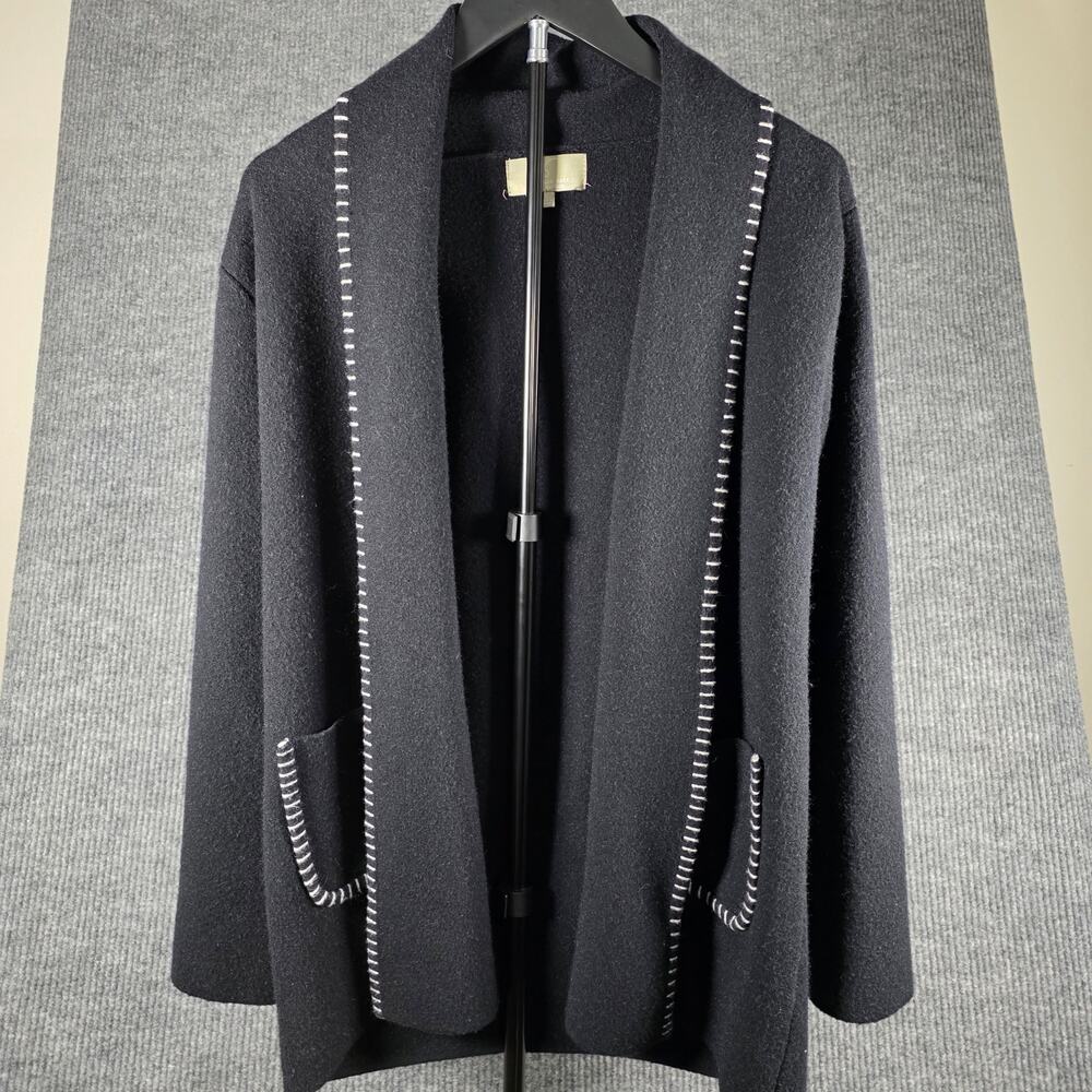 Joan Vass Black Open Front Cardigan Sweater White Stitch Trim Large